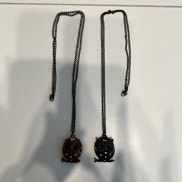 Vintage Black & Red Enamel & Rhinestone Owl Necklaces (2 Piece) SO CUTE! - Picture 4 of 6